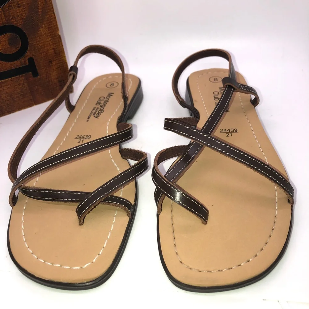 Montego Bay Club Brown Leather Flat Strappy Thong Toe Sandals Size 8 - Picture 11 of 13